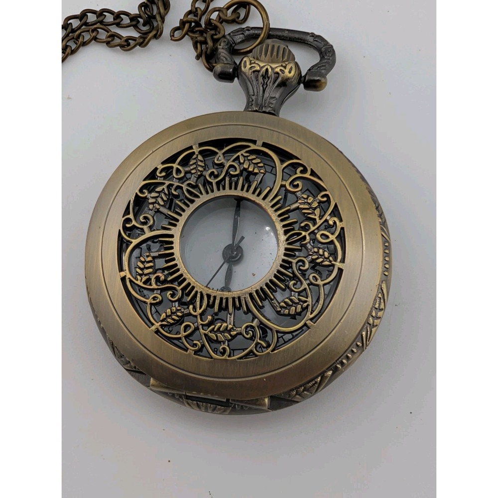 Unisex Quartz Pocket Watch Pendant Necklace 40mm Round Bronze Tone Steampunk